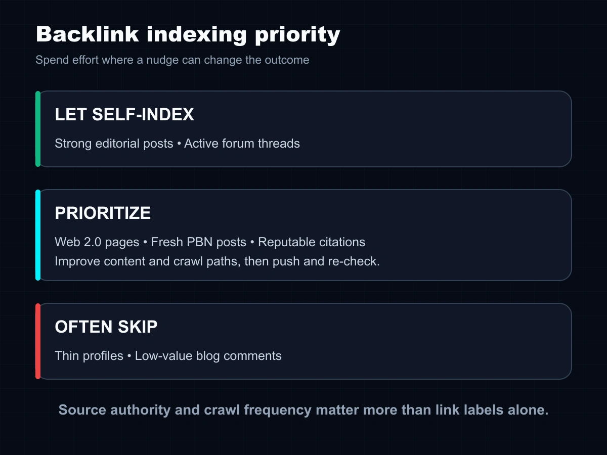 Backlink types grouped into self-index, prioritize, and usually skip tiers