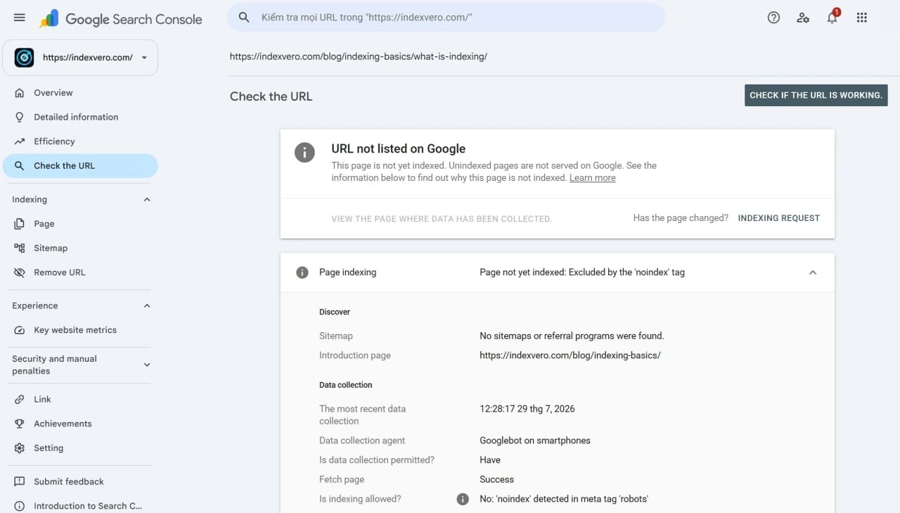 Google Search Console URL Inspection result showing a noindex warning and the Request Indexing control