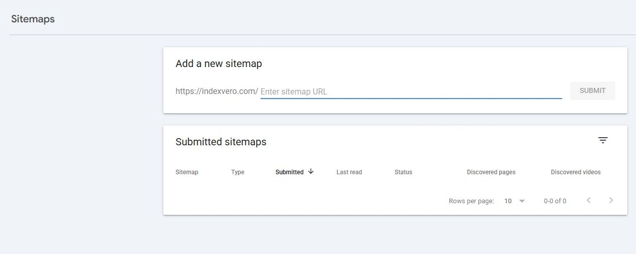 Google Search Console Sitemaps screen with the sitemap URL field, Submit button, and submitted sitemap report