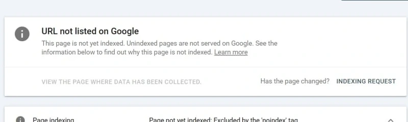 Google Search Console showing that the inspected URL is excluded by a noindex directive