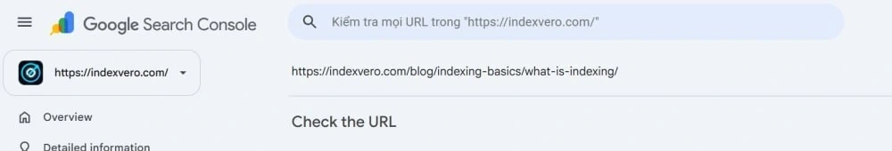 Google Search Console with the IndexVero property selected before inspecting a URL